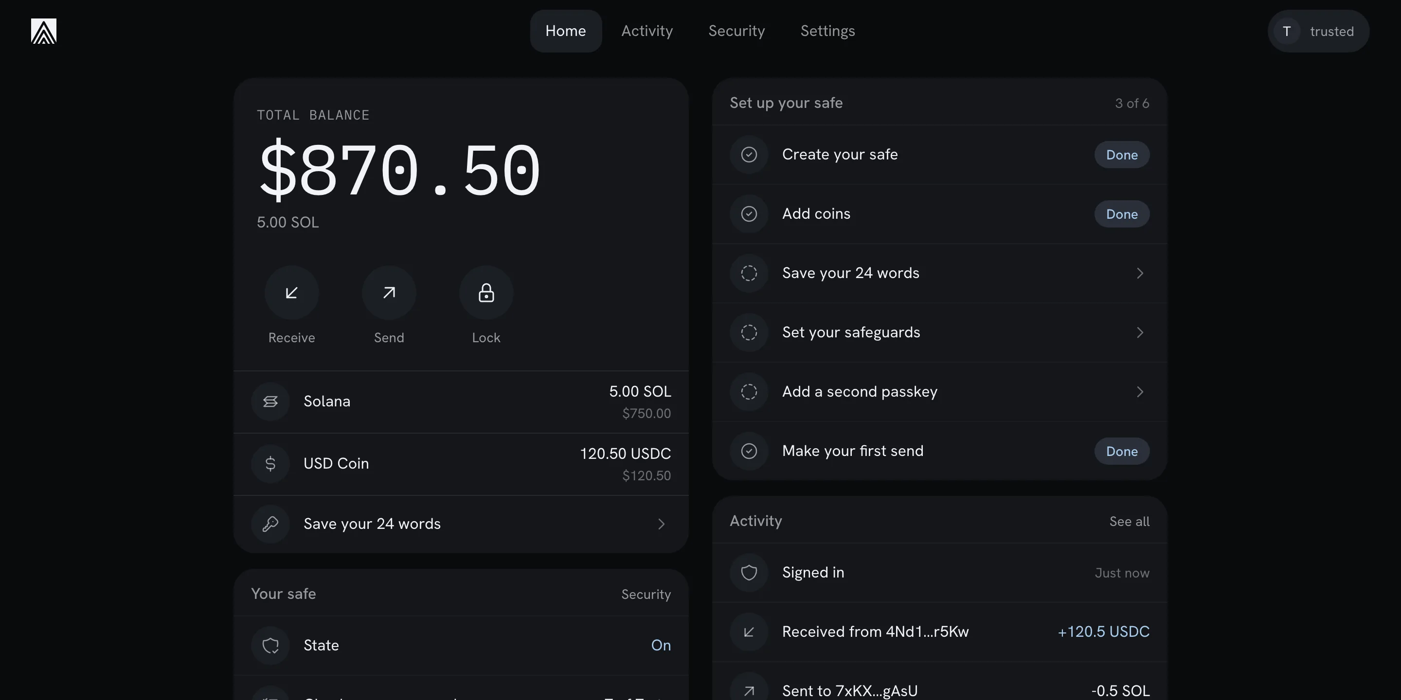 The Auro web app home screen: total balance $870.50 (5.00 SOL and 120.50 USDC), the Solana and USD Coin rows, a safe set-up checklist, the safe's status and the latest activity.
